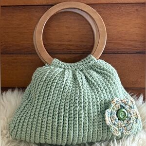 Hand Knit Sage Green w/Flower Wooden Handle Baguette Bag